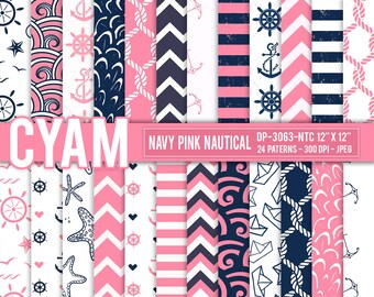 DP-3063-NTC Navy Pink NAUTICAL Digital Paper Instant Download. Navy Nautical pattern. Chevron, stripes, rope, anchor, surf.
