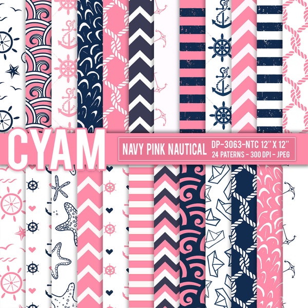 DP-3063-NTC Navy Pink NAUTICAL Digital Paper Instant Download. Navy Nautical pattern. Chevron, stripes, rope, anchor, surf.