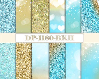 DP-1180-BKH Gold Blue Ombre Digital Paper Princess Queen Glitter: Instant Download. Gold Blue Tie Dye Bokeh Confetti Pattern