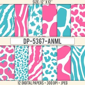 Rosa blau Tierhaut Druck Papier: Instant-Download. Gepard, Leapord, Tiger, Giraffe, Zebramuster. Safari-Muster. DP-5367-ANML