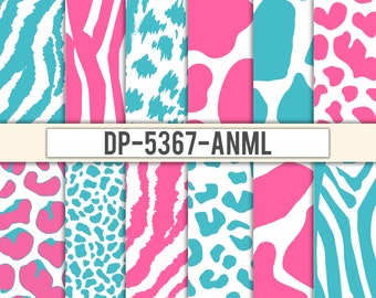 Pink Blue Animal Skin Print Digital Paper: Instant Download. Cheetah, Leapord, Tiger, Giraffe, Zebra Pattern. Safari Pattern. DP-5367-ANML