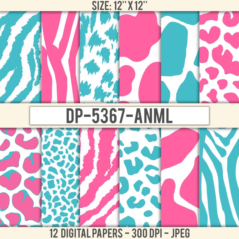 May include: Twelve digital papers featuring animal print patterns in pink, blue, and white. The patterns include zebra, leopard, and cheetah prints. The papers are 30.5 centimetres by 30.5 centimetres and 300 DPI.