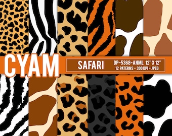 African safari animal print digital patterns Instant Download. Cheetah, Leapord, Tiger, Giraffe, Zebra Skin Pattern. Safari scrapbook papers