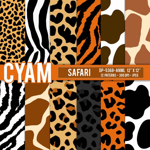 Patrones digitales de impresión animal safari africano Instant Download. Chita, Leapord, Tigre, Jirafa, Patrón de Piel de Cebra. Papeles del álbum de recortes de Safari