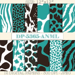 Pode incluir: Doze papéis digitais com padrões de estampa animal em turquesa, branco e marrom. Os padrões incluem listras de zebra, manchas de leopardo e manchas de chita. Os papéis medem 30,5 cm por 30,5 cm e 300 DPI. O texto "DP-5365-ANML" está incluído na imagem.
