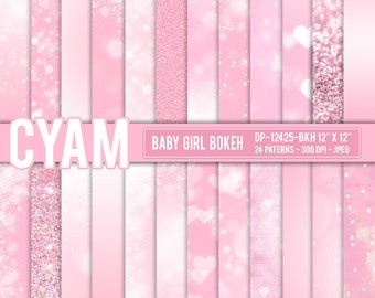 Pink Baby Girl Ombre Digital Paper Princess Queen Glitter: Instant Download. Pink Baby Girl Tie Dye Bokeh Confetti Pattern