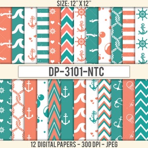 Teal Peach NAUTICAL Digital Paper: Instant Download. Pastel Nautical background. Chevron, stripes, rope, anchor, surf. Coastal patterns