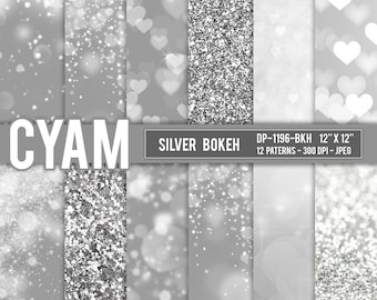 Silver digital paper princess queen glitter: Instant Download. Silver Bokeh Falling Confetti Pattern. Grey and white heart bokeh background