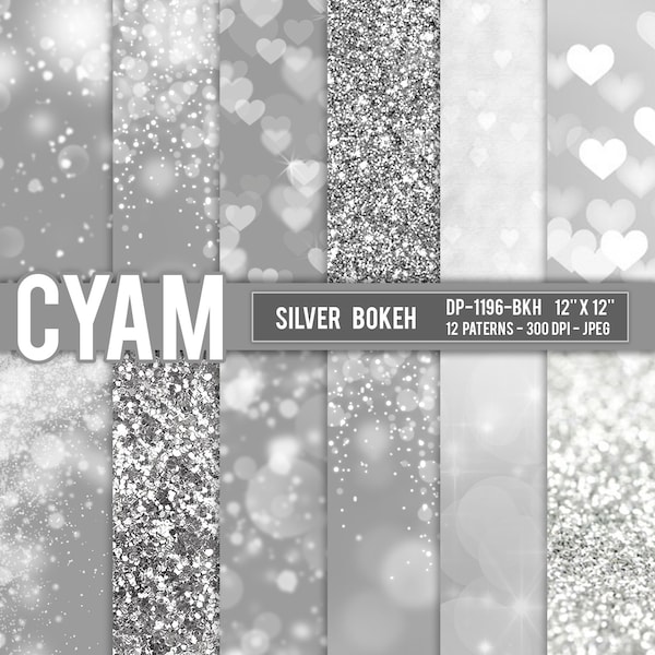 Silver digital paper princess queen glitter: Instant Download. Silver Bokeh Falling Confetti Pattern. Grey and white heart bokeh background