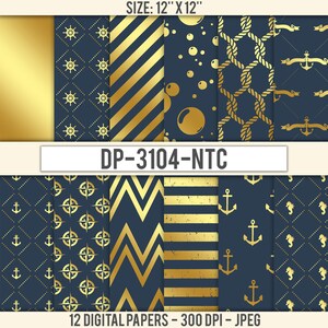 Papel digital náutico menino marinho dourado: download instantâneo. Fundo náutico de luxo. Chevron, listras, corda, âncora. Padrões costeiros