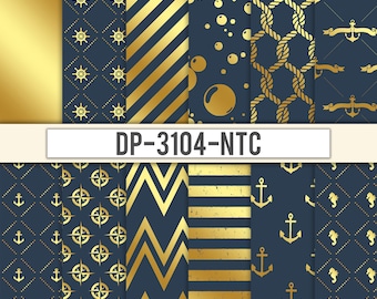 Gold navy baby boy nautical digital paper: Instant Download. Luxury Nautical background. Chevron, stripes, rope, anchor. Coastal patterns