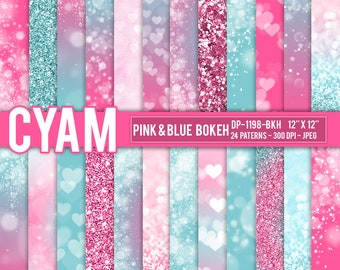 DP-1198-BKH Pink Blue Ombre Digital Paper Princess Queen Glitter: Instant Download. Pink Blye Tie Dye Bokeh Confetti Pattern