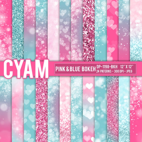 DP-1198-BKH Pink Blue Ombre Digital Paper Princess Queen Glitter: Instant Download. Pink Blye Tie Dye Bokeh Confetti Pattern