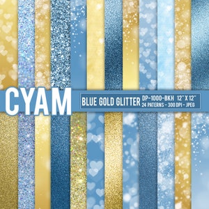 May include: A set of 24 digital paper patterns featuring blue and gold glitter textures with white hearts and sparkles. The patterns are 12 inches by 12 inches and 300 DPI.