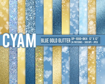 Blue Gold Cinderella Digital Papers. Princess Glitter Backgrounds: Instant Download. Blue Yellow Gold Heart and Bokeh Confetti Pattern