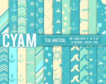 Teal, yellow and green NAUTICAL Digital Papers Instant Download. Coastal pattern. Chevron, stripes, beach, anchor, surf, wave, polka dot.
