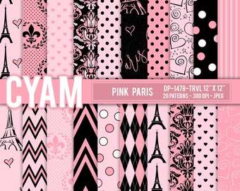 Cute Pink and Black PARIS Digital Paper: Instant Download. Paris, Fleur De Lis, polka dot, damask, victorian, plaid, hearts, love patterns