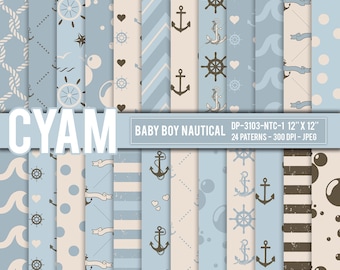 Ivory blue baby boy nautical digital paper: Instant Download. Pastel Nautical background. Chevron, stripes, rope, anchor. Coastal patterns