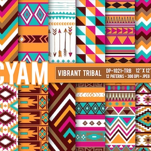 Può includere: Dodici motivi di carta digitale con disegni tribali vibranti in arancione, marrone, rosa, bianco e turchese. I motivi sono di 30,5 cm per 30,5 cm e 300 DPI.