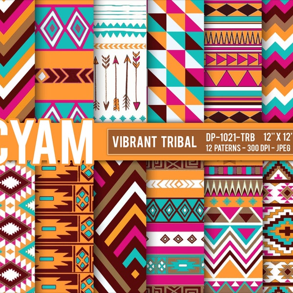 Vibrant Tribal Scrapbook Digital Paper: Instant Download. Ethnic, Tribal, Aztec, Navajo, Chevron, Arrows pattern.