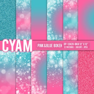 Azul rosa Ombre Digital Paper Princess Queen Glitter: Descarga instantánea. Pink Blye Tie Dye Bokeh Confeti Patrón. DP-12420-BKH