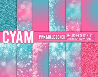 Pink Blue Ombre Digital Paper Princess Queen Glitter: Instant Download. Pink Blye Tie Dye Bokeh Confetti Pattern. DP-12420-BKH