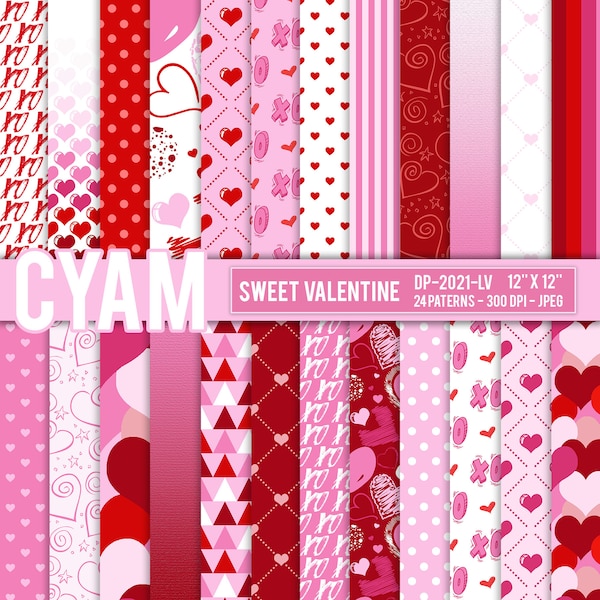 Cute red pink white Valentines Day Digital Paper Instant Download. Baby girl love heart polka dot chevron background Valentines Day patterns