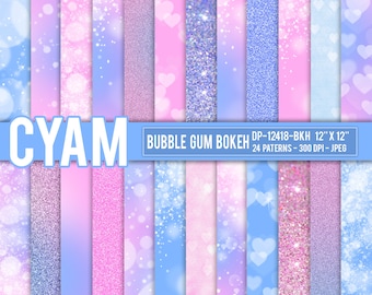 Pink Blue Ombre Digital Paper Princess Queen Glitter: Instant Download. Pink Blye Tie Dye Bokeh Confetti Pattern. Bubble Gum digital prints