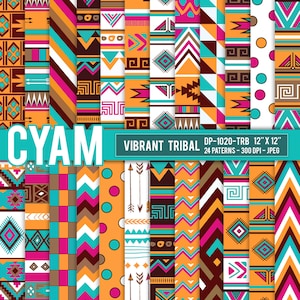May include: A set of 24 digital paper patterns featuring vibrant tribal designs in turquoise, orange, brown, pink, and white. The patterns are 12 inches by 12 inches and 300 DPI.