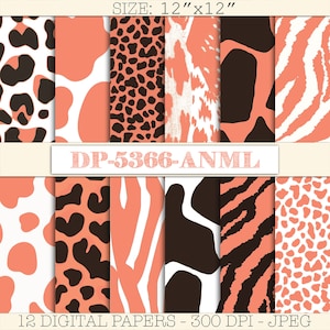 May include: Twelve digital papers featuring animal print patterns in shades of coral, white, and black. The patterns include leopard, zebra, giraffe, and cow print. Each paper is 30.48 cm by 30.48 cm and 300 DPI.