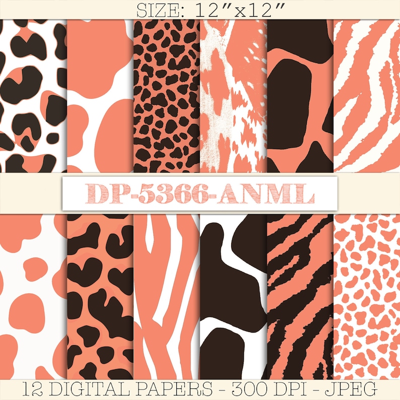 May include: Twelve digital papers featuring animal print patterns in shades of coral, white, and black. The patterns include leopard, zebra, giraffe, and cow print. Each paper is 30.48 cm by 30.48 cm and 300 DPI.