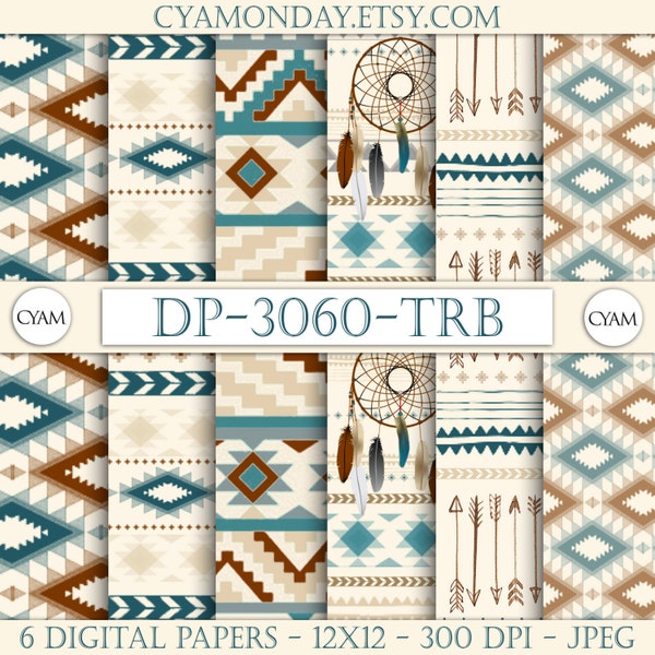 DP-3060-TRB Pastell ethnische Stammes-aztekische digitalem Papier: Sofort-Download. Stammes-Aztec Dreamcatcher Pfeile Indie Muster.