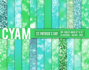 Green Blue St. Patrick's Day Digital Bokeh Glitter Papers: Instant Download. Green Blue Irish Spring Confetti Pattern. Digital background