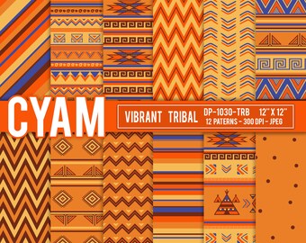 Vibrant Tribal Scrapbook Digital Paper: Instant Download. Ethnic, Tribal, Aztec, Navajo, Chevron, Arrows pattern.