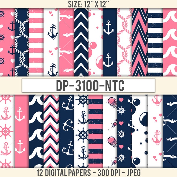 Navy Pink NAUTICAL Digital Paper Instant Download. Navy Nautical pattern. Chevron, stripes, rope, anchor, surf.