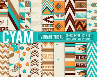 Vibrant Tribal Scrapbook Digital Paper: Instant Download. Ethnic, Tribal, Aztec, Navajo, Chevron, Arrows pattern.