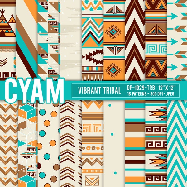 Vibrant Tribal Scrapbook Digital Paper: Instant Download. Ethnic, Tribal, Aztec, Navajo, Chevron, Arrows pattern.