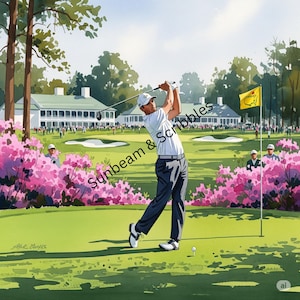 Puede incluir: Pintura a la acuarela de un golfista golpeando una bola en un campo de golf verde. La escena incluye arbustos de flores rosas, una casa club blanca y una bandera amarilla con un logotipo. El texto "Sunbeam & Scribbles" es visible.