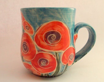 Coffee mug red flower mug red poppies stoneware mug Australian pottery  unique coffee mug red flower mug red poppy mug