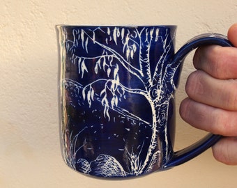 MUG Handmade and hand decorated royal blue landscape art mug gum tree mug eucalyptus tree mug Australian pottery Aussie mug unique mug