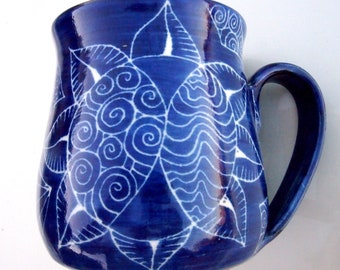 unique coffee MUG Handmade and hand decorated mug for coffee or tea in royal blue detailed patchwork style patterns incised