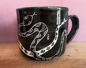 Snake mug Handmade coffee mug black stoneware unique handcarved design gift mug