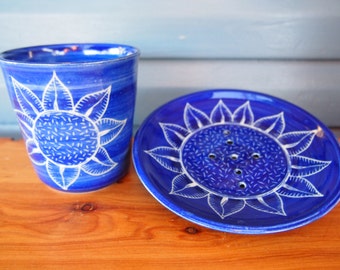 Soap dish and Toothbrush holder bathroom set royal blue sunflower design