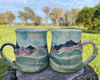 Coffee mugs handpainted mountain and valley landscape art mug wheelthrown pottery mugs PAIR