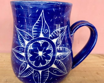 Coffee mug royal blue stoneware mandala inspired sunflower pattern sgraffito mug unique tea cup blue pottery mug