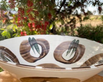 BOWL pottery serving bowl earthy brown and green