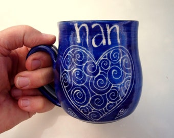 Nan mug grandmother gift Nan mug Grandma Nanna mug Handmade and hand decorated coffee mug royal blue stoneware with hearts pattern