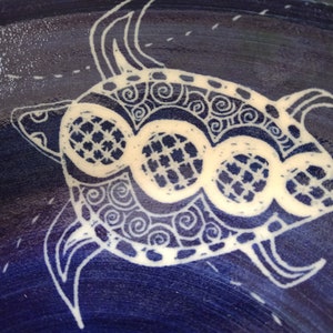 Bowl serving Turtle deign shallow bowl Handmade and hand decorated serving platter royal blue Stoneware Dish image 2