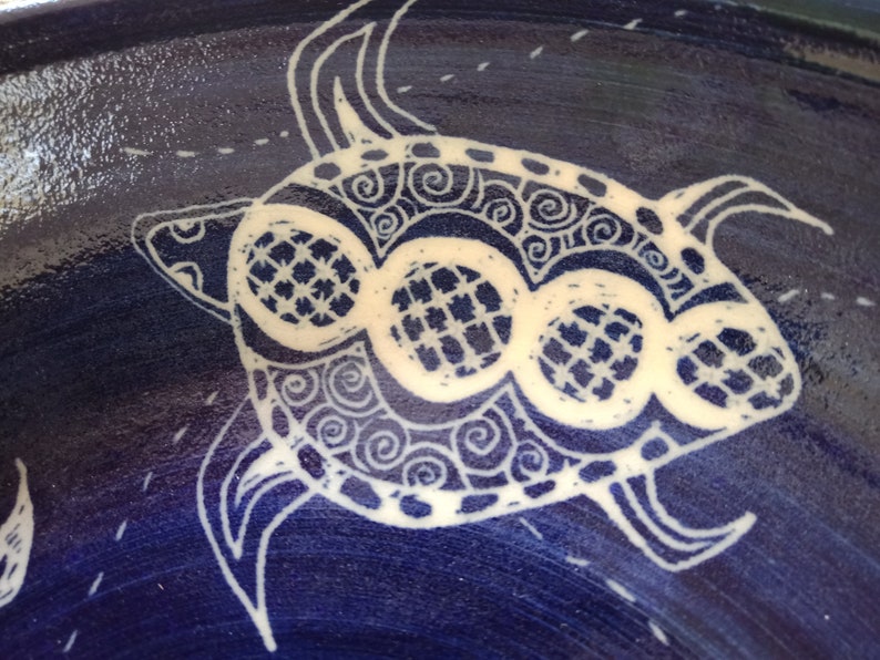 Bowl serving Turtle deign shallow bowl Handmade and hand decorated serving platter royal blue Stoneware Dish image 2