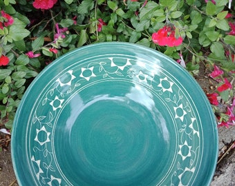 Bowl serving fruit bowl Handmade and hand decorated serving bowl teal green Stoneware Dish